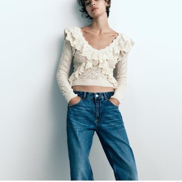 ZARA CROCHET lace RUFFLEd SWEATER sz M medium cream - Picture 2 of 9
